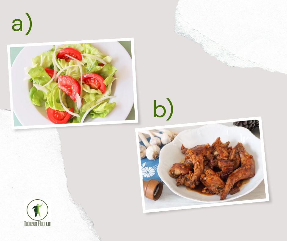 ENSALADA DE LECHUGA Y TOMATE CON CONEJO AL AJILLO